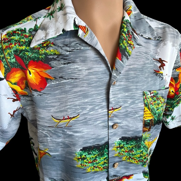 Vintage Hawaiian Aloha shirt By Fumi’s 70’s polyester Fits Large Orchid Surf - Picture 3 of 7
